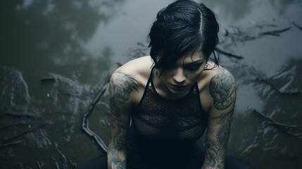 Fototapeta premium Cozy Café Moment: Tattooed Woman in Desaturated Tone