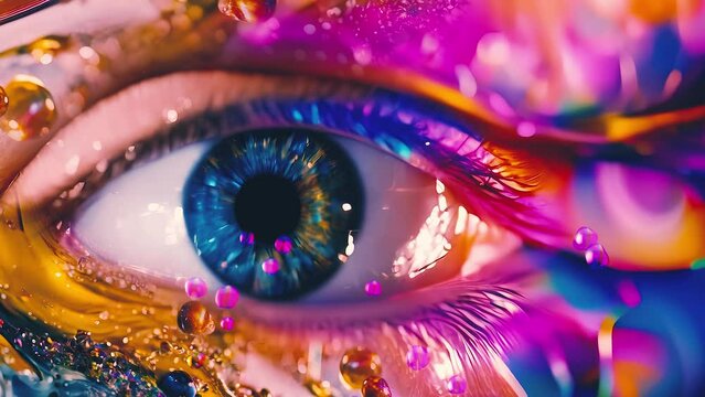 Abstract video of female eye with colorful make up. Beautiful fashion model with creative art makeup. Abstract colourful splash make-up. Holi festival