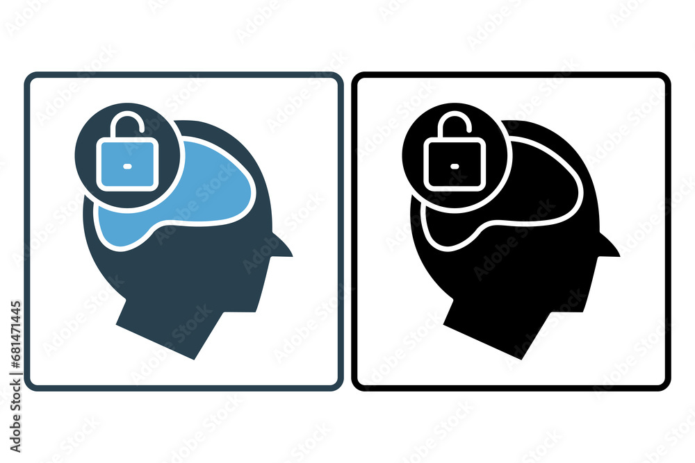 Poster open minded icon. head with open padlock. icon related to core values. solid icon style. simple vect
