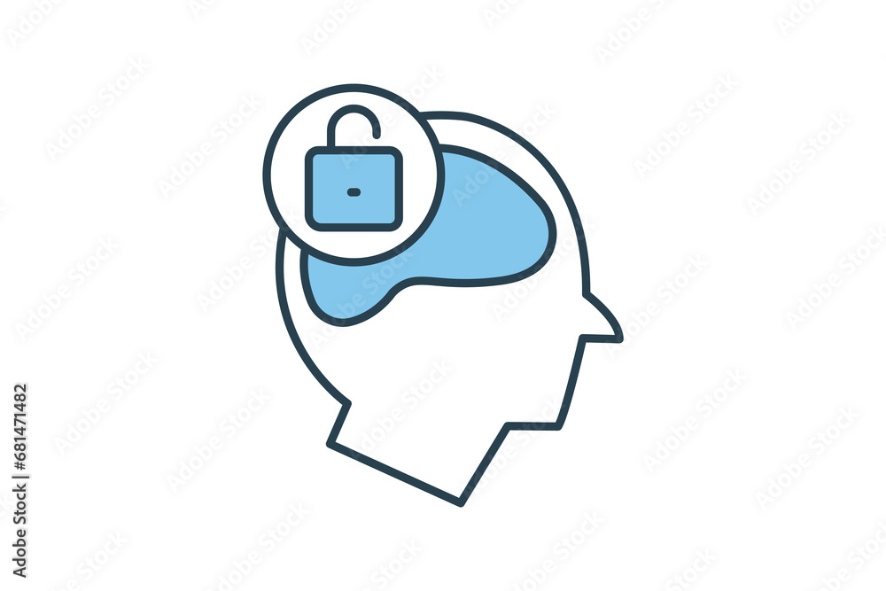 Poster open minded icon. head with open padlock. icon related to core values. flat line icon style. simple 