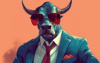 bull animal in the form of a man in a suit and sunglasses, a good leader, the boss, director, generative ai - obrazy, fototapety, plakaty