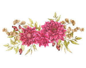 Watercolor composition with dahlias, dried flowers and rose hips. Ready-made designs for prints, posters, cards, invitations, greetings, packaging design. Wedding, birthday, anniversary.
 - obrazy, fototapety, plakaty