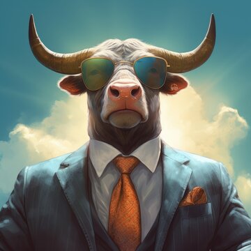 bull animal in the form of a man in a suit and sunglasses, a good leader, the boss, director, generative ai