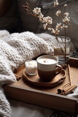Obraz na płótnie Canvas Knitted blanket and a steaming mug of hot cocoa on a wooden tray AI generated illustration