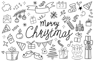 Big set off Christmas doodle elements and handwritten short phrases Merry Christmas. Christmas trees, skates, Christmas boot, sweets, gift boxes, snowflakes. Winter holidays attributes. Line art.