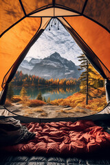 POV from a camping tent: scenic view of the mountains in the autumn