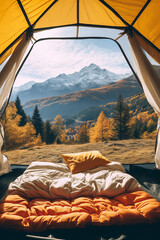 POV from a camping tent: scenic view of the mountains in the autumn - obrazy, fototapety, plakaty
