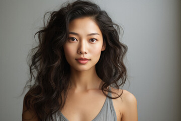 Naklejka premium Beautiful young asian woman with long curly hair on gray background.