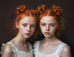 Portrait of red hair twins teenagers