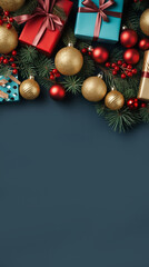 Christmas banner with baubles and gifts. Christmas cover. 