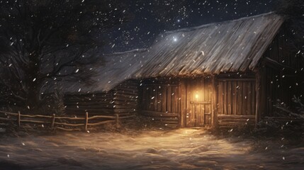 Snowflakes softly falling around a warmly lit wooden cabin  AI generated illustration