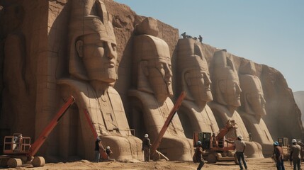 a scene of workers sculpting colossal statues in an Egyptian quarry - obrazy, fototapety, plakaty
