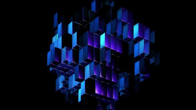 Abstract rotating object made up of isometric rectangular blue blinking 3D blocks. Database, information technology or virtual reality concept. Looped animation of 3D digital bricks, black background