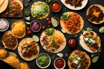 Generate an image of a gourmet taco bar with AI-powered recommendation systems suggesting unique flavor combinations for each taco - obrazy, fototapety, plakaty