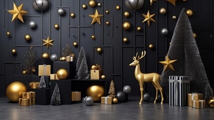 Festive Christmas or New Year photo studio background: dark black stylish walls, golden christmas...
