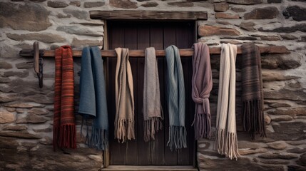 Soft woolen scarves hanging near a rustic front door  AI generated illustration