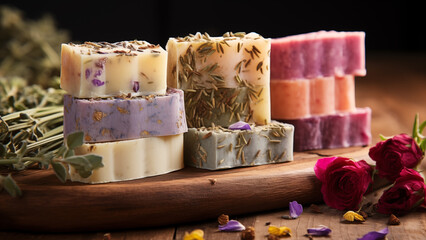Decorated photo of handmade soaps in different colors with herbal scents - obrazy, fototapety, plakaty