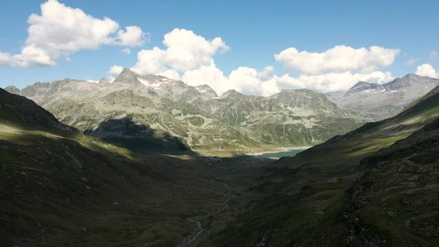 Aerial zoom on Montespluga and Val Loga Pizzo Suretta - Italian Alps