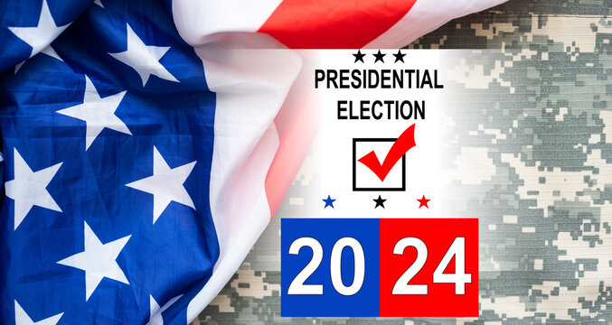 Politics and voting concept. Presidential election 2024 text on white paper over the American flag background