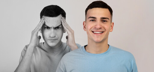 Mental Problems. Young Man Expressing Different Emotions, Felling Happy And Sad - obrazy, fototapety, plakaty