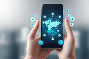 Smartphone in hand on blurred background with social media icons. 3D rendering.IA generativa