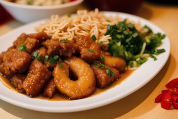 Chinese food, Stir-fried pork in sweet and sour sauce with rice. Chicken noodle soup. Generative AI