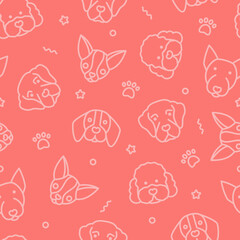 Seamless pattern with dogs. Poodle; golden retriever, bull terrier; chihuahua, beagle thin line icon. Vector illustration.