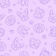Seamless pattern with dogs. Bulldog, french bulldog, borzoi, st bernard, yorkshire terrier thin line icons. Vector illustration.
