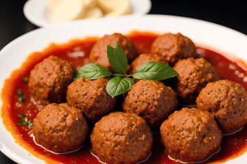 Meatballs with tomato sauce on a white plate, close-up. Generative AI