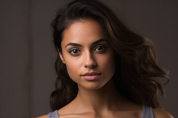 Naklejka premium Portrait of a beautiful young woman with long brown curly hair.