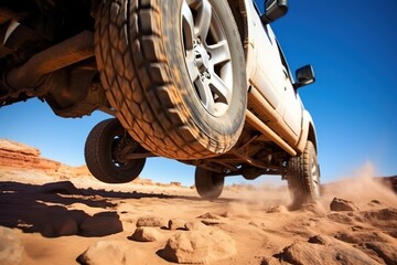 Fototapeta na wymiar Extreme off-road 4x4 car suspension in action on a desert rally trail