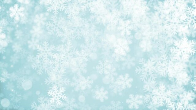 Looped animated light blue Christmas abstract background of falling snowflake shapes