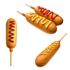 Four corn dogs with different toppings.PNG background. Generative AI. - obrazy, fototapety, plakaty