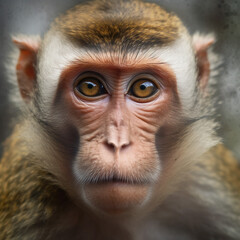 Portrait of a macaque sitting on a tree, a beautiful blurred background, and wild animals. Focus on the animal's eyes.