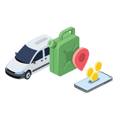 Car, gas can, geolocation tag, coins payment. Vector 3d isometric, color web icons, new flat style. Creative design idea for infographics.