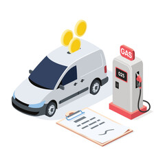 Cost of gasoline, car coins, money, report. Vector 3d isometric, color web icons, new flat style. Creative design idea for infographics.
