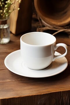 White ceramic teacup set on a wooden table  AI generated illustration