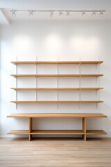 White walls with wooden shelves in an empty shop AI generated illustration