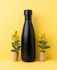 stainless steel reuseable sport bottle for water with yellow isolated background