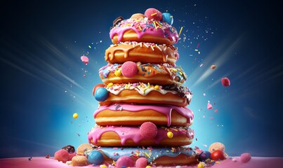 majestic tower of donuts. colorful sprinkles wit magical candy - obrazy, fototapety, plakaty