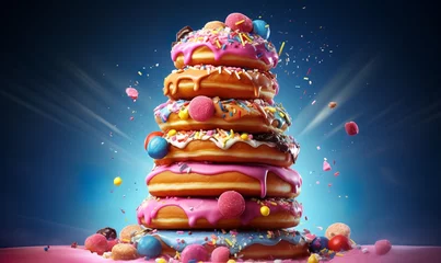 Tuinposter majestic tower of donuts. colorful sprinkles wit magical candy © Pekr