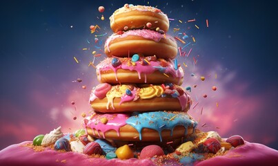 majestic tower of donuts. colorful sprinkles wit magical candy - obrazy, fototapety, plakaty