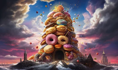 Foto auf Leinwand majestic tower of donuts. colorful sprinkles wit magical candy © Pekr