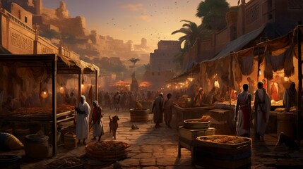 an ancient Egyptian marketplace bustling with merchants and shoppers