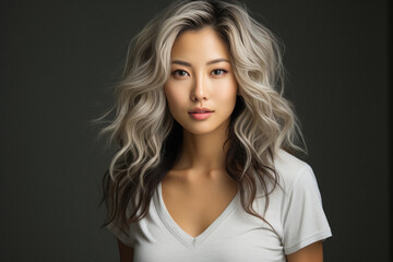 Fototapeta premium Beautiful blonde asian woman with long wavy hair on grey background.