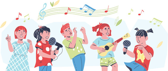 Children sing a song and play musical instruments Children music lessons, education and karaoke banner. Vocal talent show or choir classes.