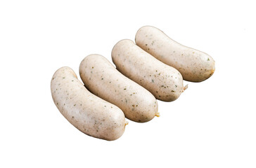Traditional German Bavarian white sausage in steel tray with mustard.  Transparent background....