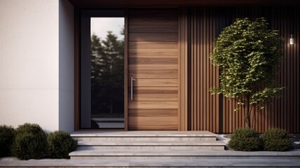 Modern entrance door by wooden, which makes the house really elegant and homely right from the start. Generative AI Technology 