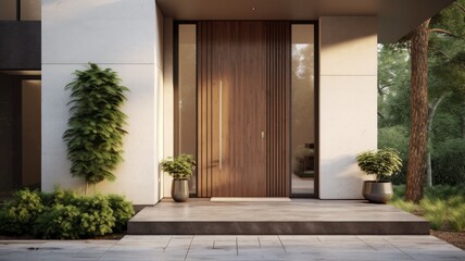 Fototapeta na wymiar Modern entrance door by wooden, which makes the house really elegant and homely right from the start. Generative AI Technology 