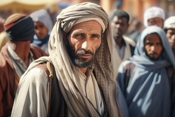 Photography closed shot portrait of berber gaze dressed  in the bazar - 681477676
